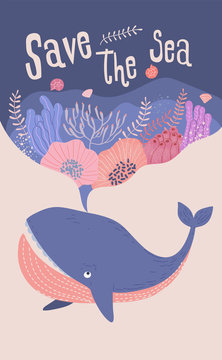 Design elements of whale and undersea plants with the letter Save the sea, Flat cartoon vector illustration in doodle style.