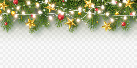 Border with green fir branches, stars, lights isolated on transparent background. Pine, xmas evergreen plants banner. Vector Christmas tree and garland.