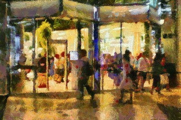 Mall entrance Illustrations creates an impressionist style of painting.