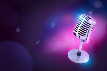 Fototapeta na wymiar 3d close-up rendering of shiny metal microphone on purple bokeh background with copy space.