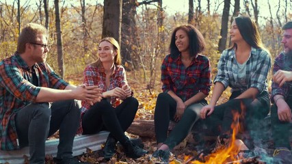 Multiracial group of hikers storytelling by campfire in autumn forest