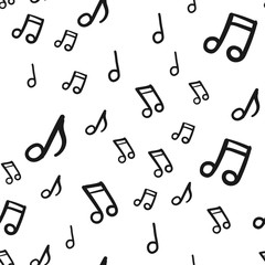 Music doodle icons seamless pattern. Hand drawn musical notes texture background.