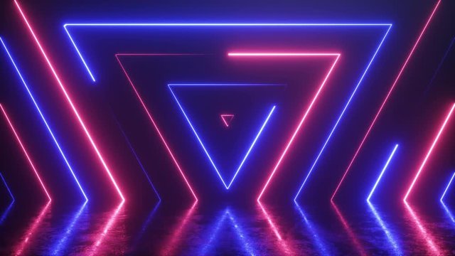 Abstract background from seamlessly appearing neon colorful triangles. Reflection in a scratched metal floor. Fluorescent ultraviolet modern light. Seamless loop 3d render.