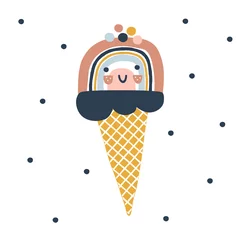  Cute happy rainbow ice cream with kawaii face on dotty background. Scandinavian style childish sweet illustration isolated on white in vector. Nursery poster print design idea. © AngellozOlga