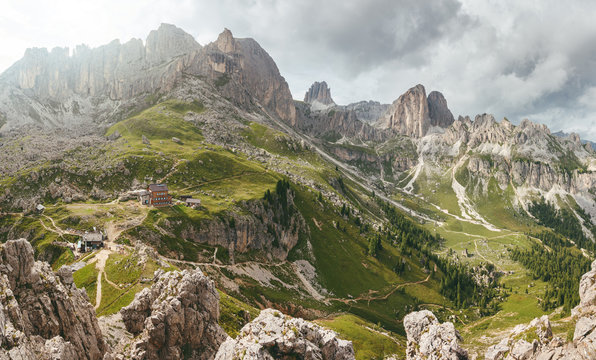 panorama of catinaccio in the dolomites with rifugio roda di vael