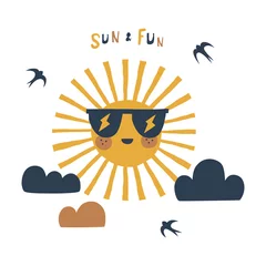  Cute little sun cartoon character in sunglasses with kawaii face, clouds, birds. Sun and Fun paper cut lettering. Scandinavian style childish weather illustration isolated on white in vector. Nursery © AngellozOlga