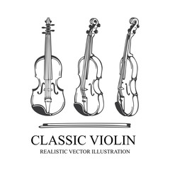 Violin. Classic Violin and bow hand drawn vector illustration. Orchestra violin sketch. Vintage musical instrument drawing. Part of set.
