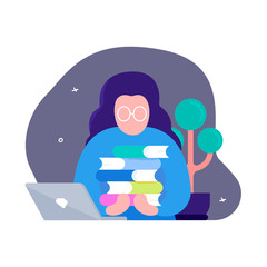 Woman holds a large stack of books in her hands. Library Employee Profession Concept. The girl with glasses, laptop, books and plants