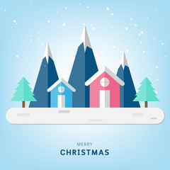 Christmas greeting card with houses and mountains on snow background.