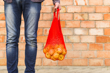 Fresh ripe organic green apples in shopping mesh bag in male hands for food or apple juice. Brick background with copy space. Zero waste, plastic free concept. Sustainable lifestyle.