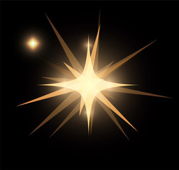 Bright glowing and shining star flares effect isolated on black background. Vector illustration