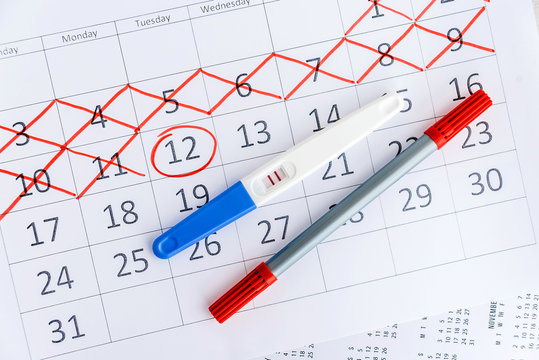 Positive pregnancy test with circling date in calendar. Planning of pregnancy, trying to have baby.