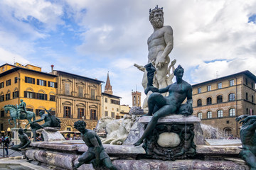 Fototapeta premium FLORENCE, TUSCANY/ITALY - OCTOBER 19 : Detail from the Fountain of Neptune statue Piazza della Signoria in front of the Palazzo Vecchio Florence on October 19, 2019