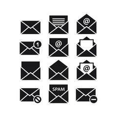 Mail, letter, open email with spam symbol and text or at sign. Envelope opened and closed, do not open, black vector icon set.