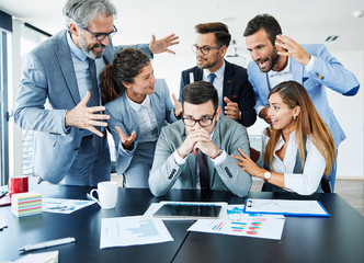 businessman stress overwhelmed work problem team argue conflict problem