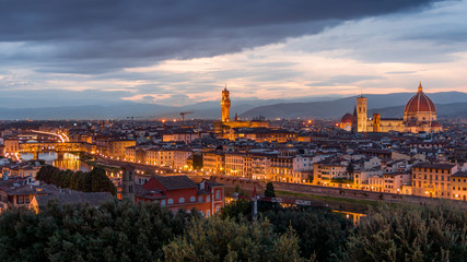 Fototapeta na wymiar FLORENCE, TUSCANY/ITALY - OCTOBER 18 : Distant view of Florence Cathedral at dusk in Florence on October 18, 2019