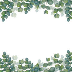 Watercolor square frame of eucalyptus branches and leaves on a white background.