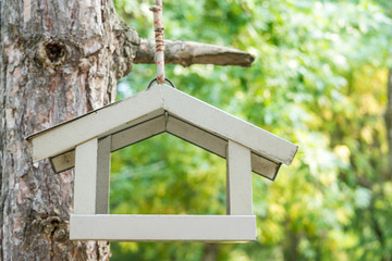 A bird feeder-house hangs on a tree in the center of the Park on a bright Sunny summer day. On a blurred background of green trees