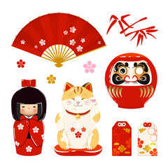 Set of japanese symbols (daruma, kokeshi, maneki neko, omamori, hand fan)