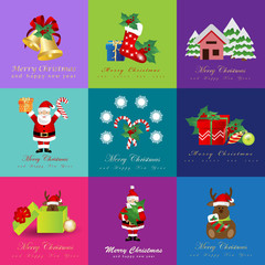 Christmas Icons And Elements Set - Isolated On Mosaic Background - Vector Illustration. Collection Of Flat Xmas Icons For Label,Sticker, Christmas Tree Icon And Logo. Modern Merry Christmas Typography