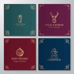 Fototapeta na wymiar Christmas Abstract Vector Labels, Signs or Cards Templates Set. Hand Drawn Deer, Gift Box, Gingerbread Cookie and Ball Sketches with Vintage Typography and Twisted Decorative Corners.