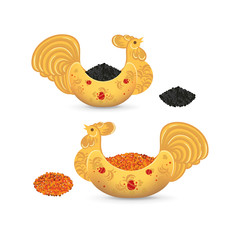 Set of different kind of caviar. Salmon roe and black caviar in traditional russian dish