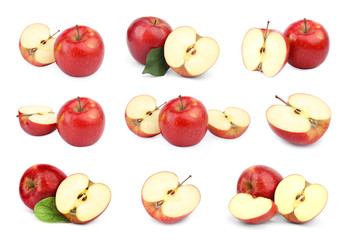 Set of fresh ripe red apples on white background