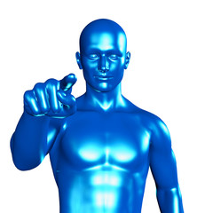3d illustration of a blue man pointing with her finger