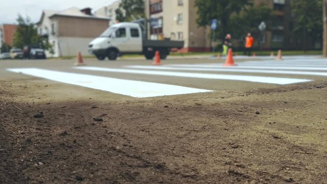 Workers apply by paint horizontal road marking zebra for Pedestrian crossing on crossroads in city street asphalt