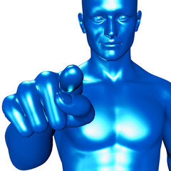 3d illustration of a blue man pointing with her finger