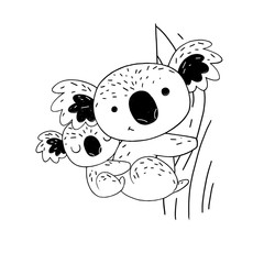 Koalas on the tree hand drawn style. For greetings cards, decorations, prints, banners. Vector illustration.