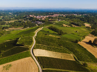 Aerial view of Castagnole Monferrato vineyards and fields, unesco world heritage