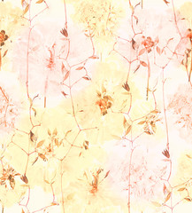 Pressed and dried summer yellow pink flowers on a white pattern