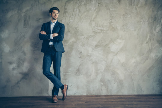 Full length photo of dreamy wealthy company owner businessman cross his hands look copy space dream about his career development wear style clothes shoes trousers isolated grey color background