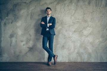 Obraz premium Full length body size photo of white serious pensive man with hands folded wearing shoes isolated grey color background