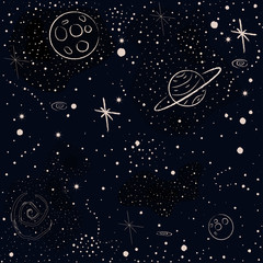 Seamless Cosmic Pattern with stars, planets,  rocket, spiral galaxies and constellations