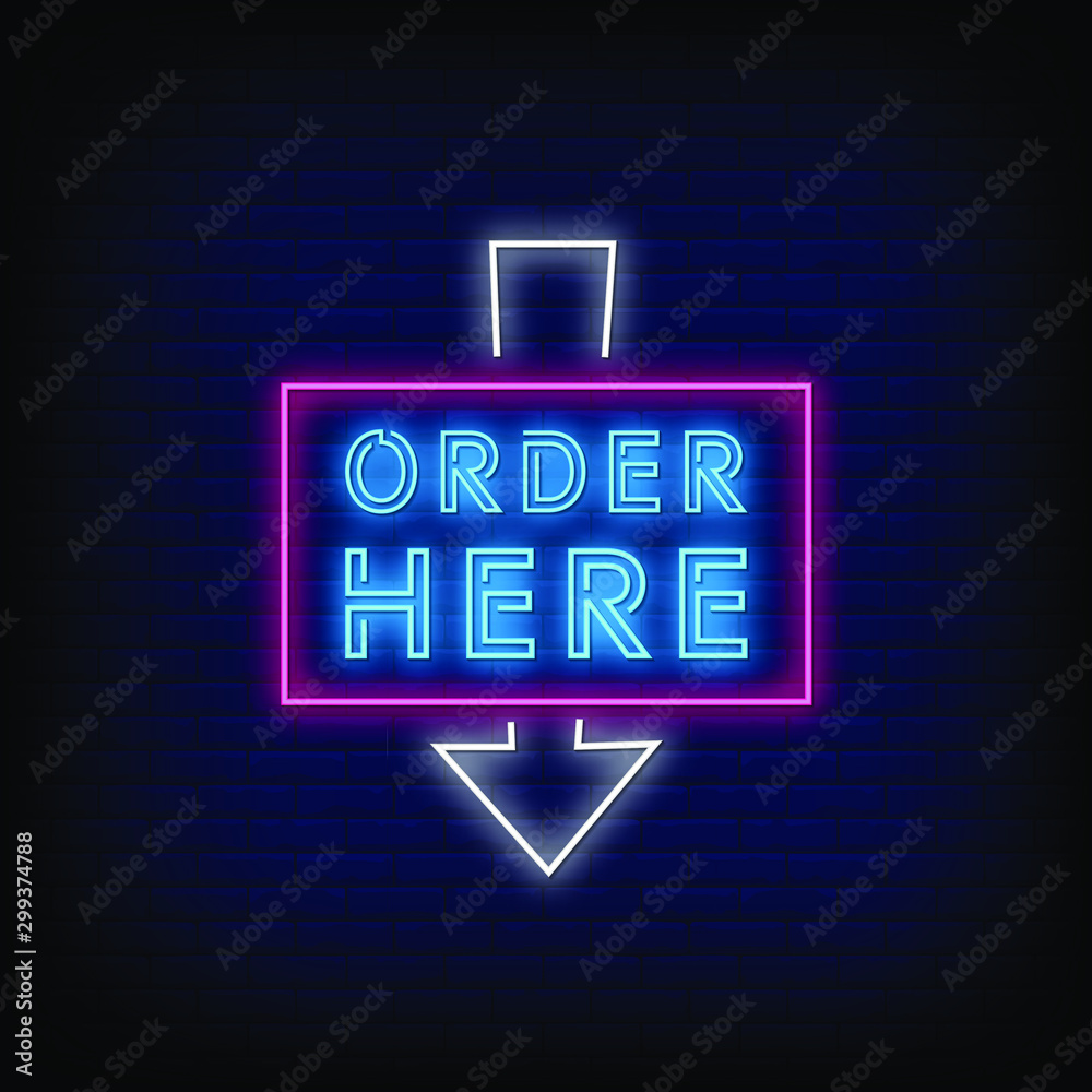 Wall mural order here neon signs style text vector