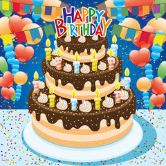 Birthday cake with candles on blue festive background.