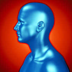 3d illustration of a blue male head  over red background