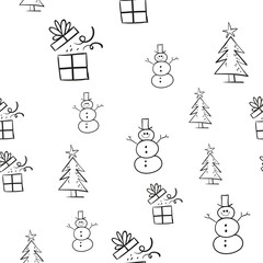 Christmas seamless pattern with doodle santa, snowman, tree and gift.