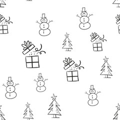 Christmas seamless pattern with doodle santa, snowman, tree and gift.
