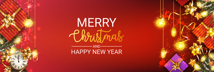 Naklejka premium Christmas banners set with fir branches decorated with ribbons, balls and garlands. With snow frames on red background. Festive header design for your site. - Vector