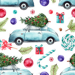 Seamless Christmas pattern with New Year`s car, Christmas tree, gifts and sweets painted by watercolor on a white background.
