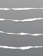 Torn, ripped white paper strips with soft shadow are on dark grey squared background. Vector template illustration