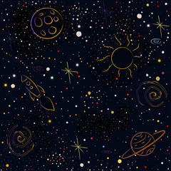 Cosmic Pattern with stars, planets, Moon, rocket, spiral galaxies and constellations in color.