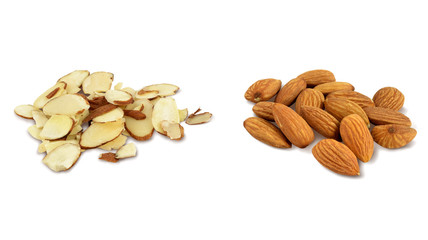 Sliced and Whole Natural Almonds on White Background with Clipping Path