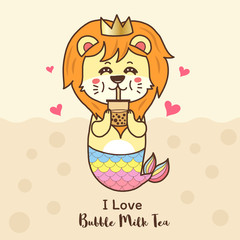 cute lion mermaid drinking a bubble mile tea.Cartoon hand draw kawaii