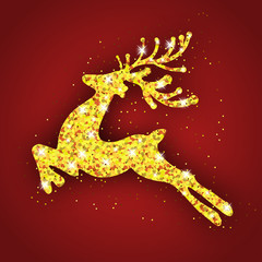 Christmas decoration Golden deer. Bright design element for Xmas and New year. Template for greeting card, banner or poster. Vector