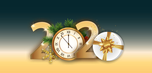 2020 numbers New year poster with golden clock and gift box decorated branches Christmas tree and snowflake. Dynamic design elements for a flyer, sale, party etc. Vector
