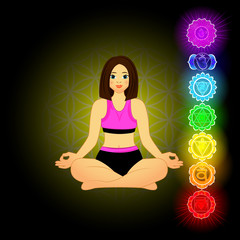 Vector illustration of beautiful woman doing yoga. Seven chakras.
